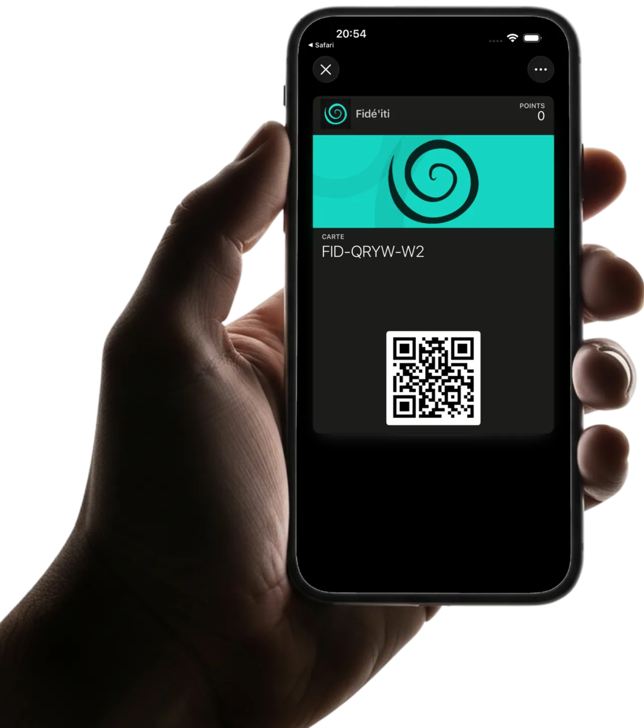 Main tenant un iPhone : la carte Fidé’iti d’un client dans Apple Wallet